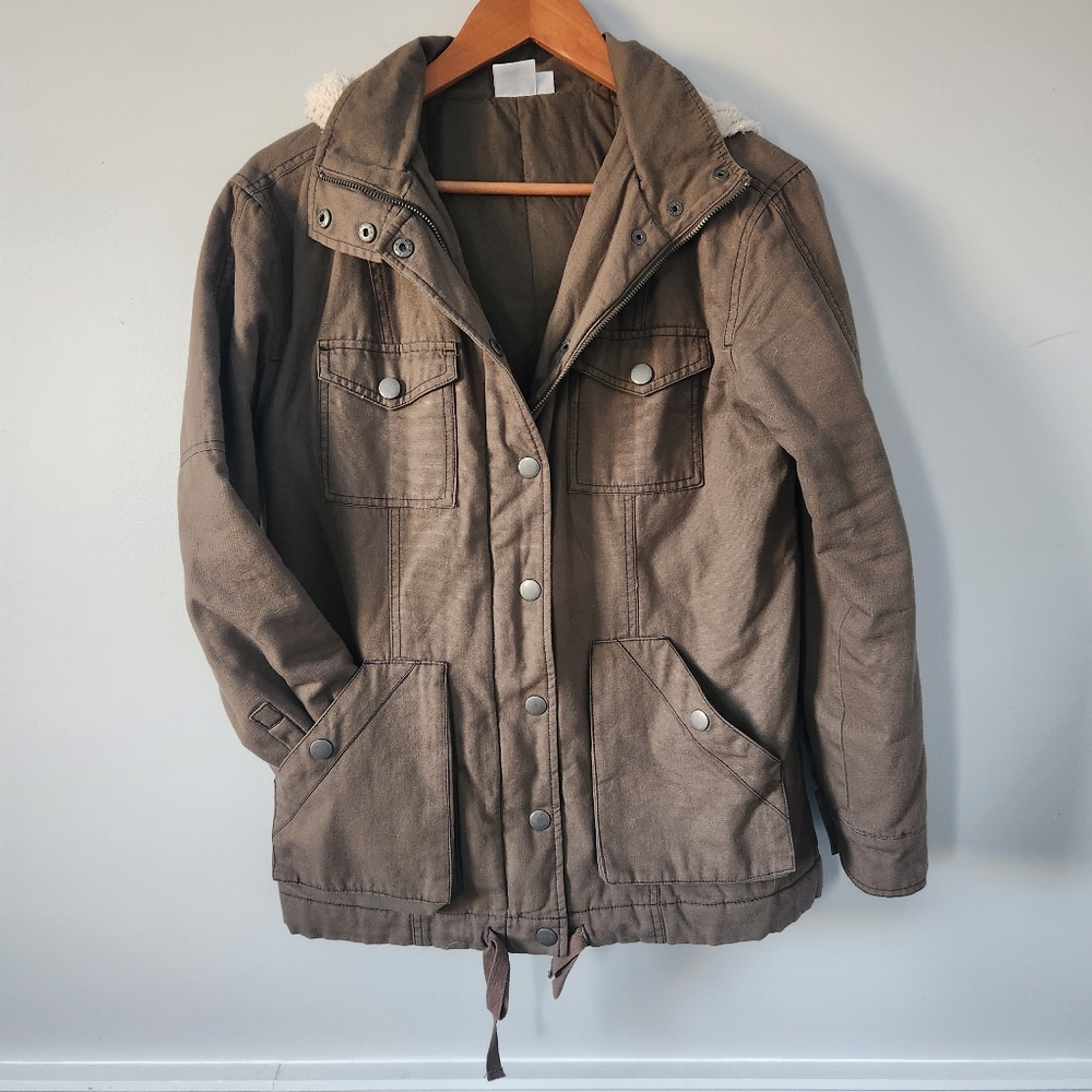 bp Brown Utility Jacket Collared Sherpa Lined Hood Adjustable Waist Snap Pockets